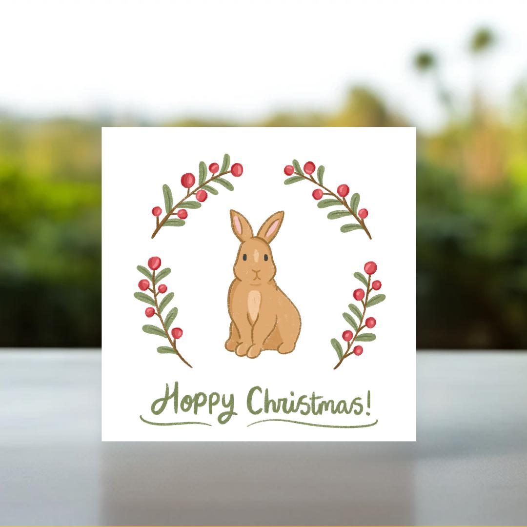 Hoppy Christmas Rabbit Themed Festive Card with Kraft Envelope | Bunny Lover Christmas Card, Hand Illustrated Watercolour Rabbit Xmas Card