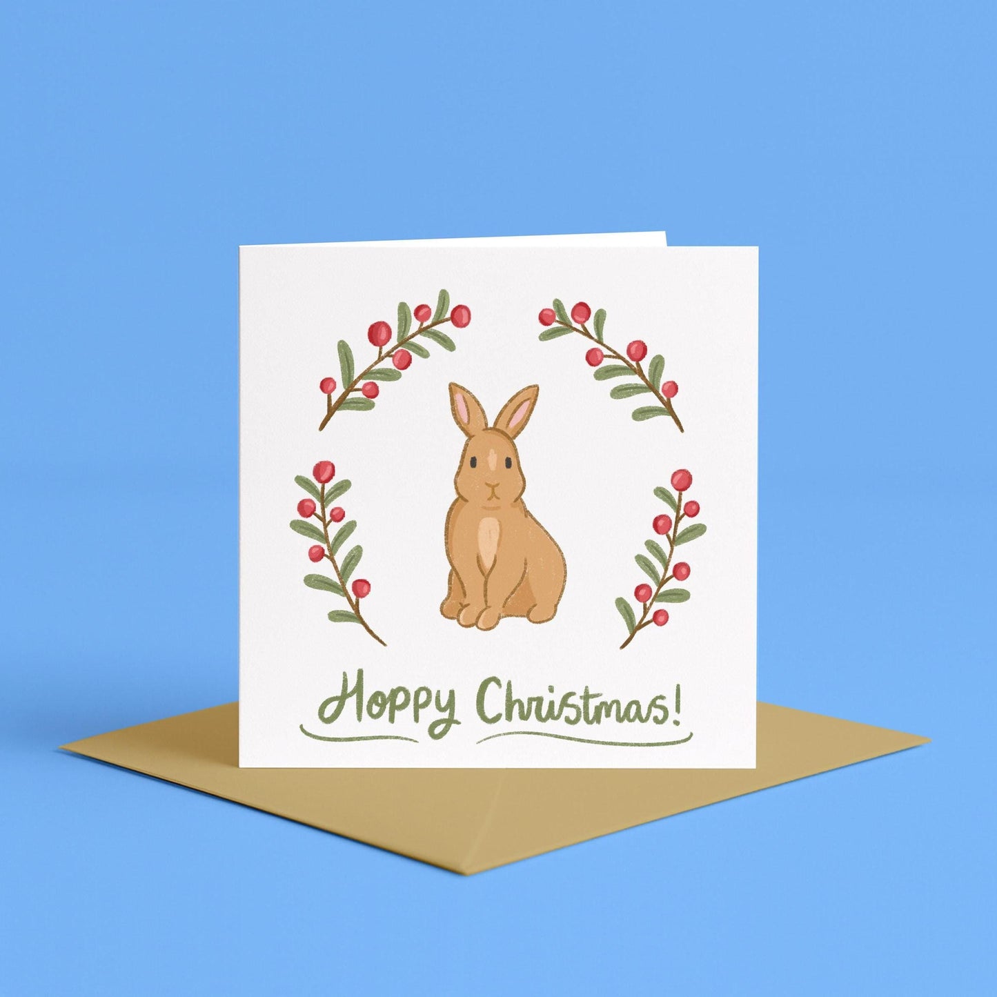 Hoppy Christmas Rabbit Themed Festive Card with Kraft Envelope | Bunny Lover Christmas Card, Hand Illustrated Watercolour Rabbit Xmas Card