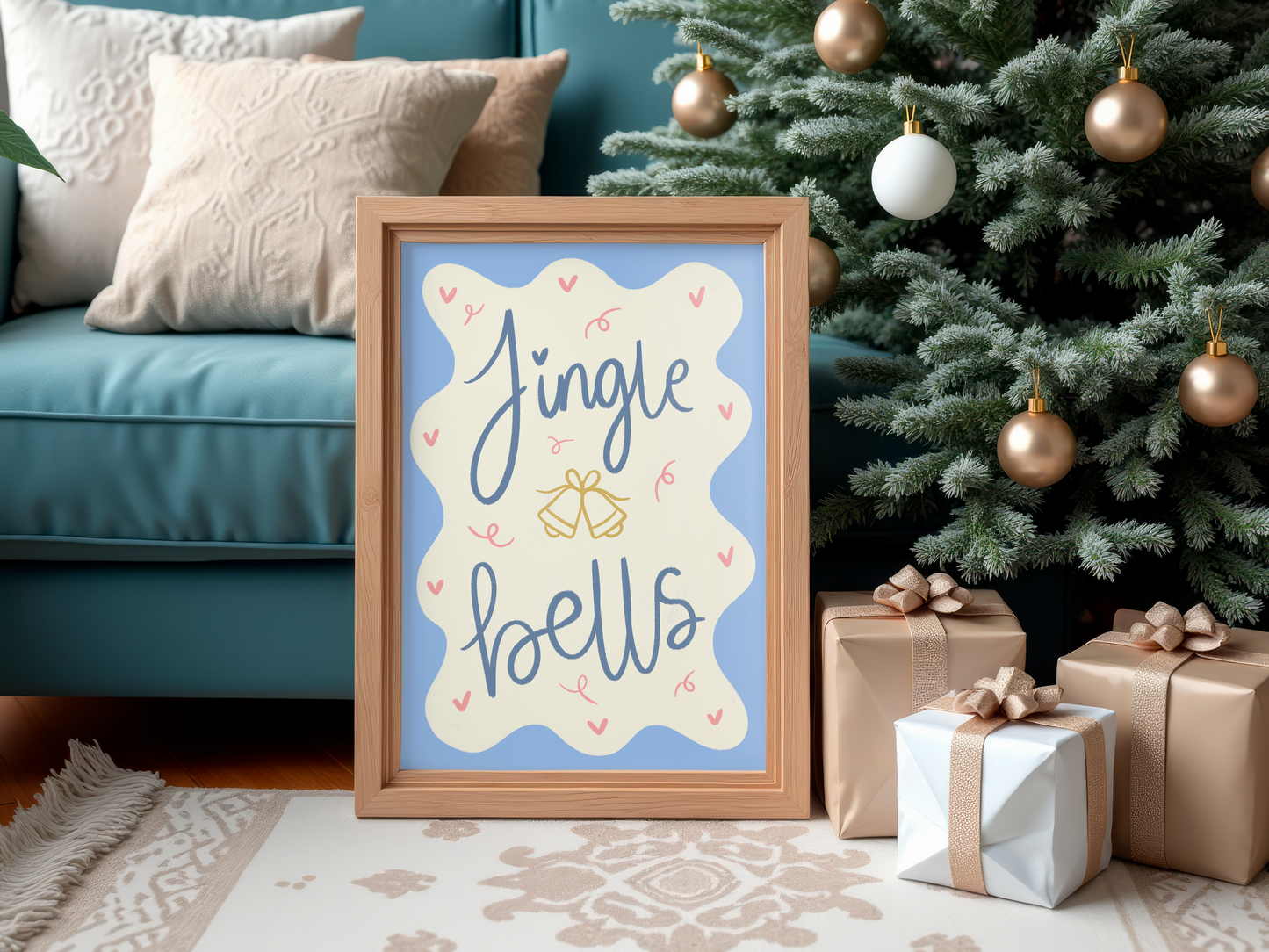 'Jingle Bells' Blue & Cream Christmas Print