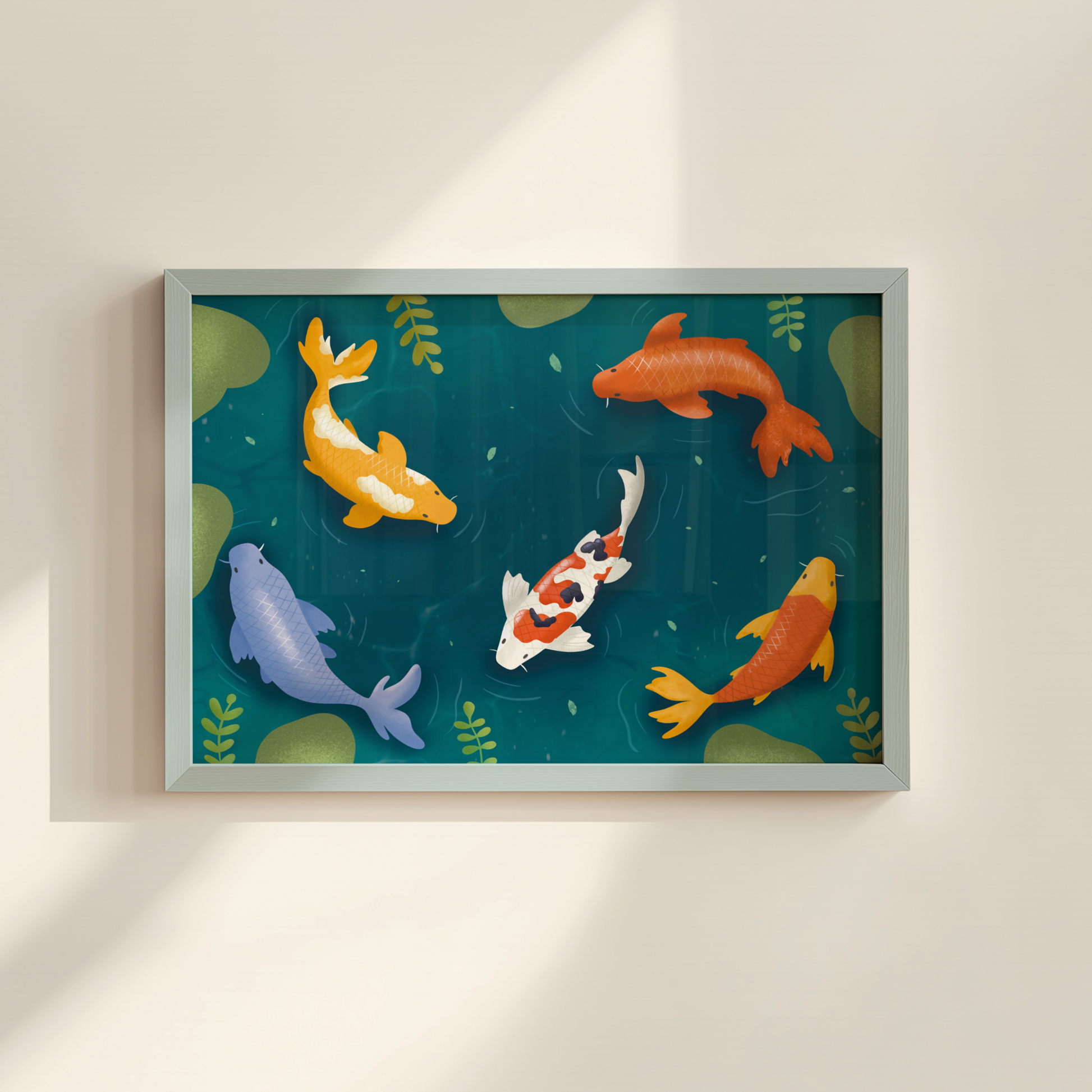 Japanese Koi Fish Print, Zen Ink Illustration, Pond Decor, Koi Fish Wall Art, Japanese Pond Poster, Tranquil Water Print, Zen Garden Decor, Colorful Koi Painting, Serene Nature Art, Pondlife Frog Art, Pond Print, Frog Print, Nature Print, Eco A4 Print, Riso, Illustration, Outdoor Lover Gift, Animal Lover Gift, 'Into The Koi Pond' Kawaii Illustration Print