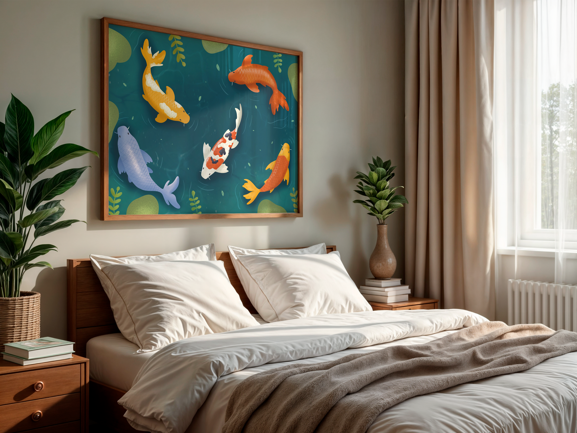 Lotus Pond Poster Print – Botanical Wall Art, Colourful Floral Digital Artwork, Unframed, Lotus Pond Art Print: Gouache Botanical Illustration, Zen Series, koi pond print, koi pond poster, koi pond illustration, fish illustration print