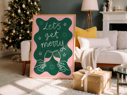 'Let's Get Merry' Green & Pink Christmas Print