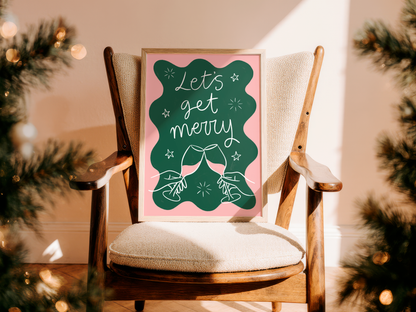'Let's Get Merry' Green & Pink Christmas Print