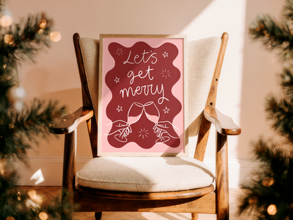 'Let's Get Merry' Red & Pink Christmas Print