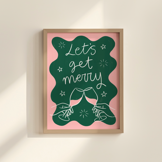 'Let's Get Merry' Green & Pink Christmas Print