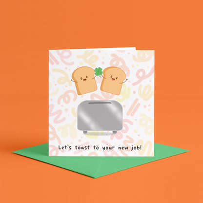 New job card, cute new job card, kawaii new job card, funny new job card, illustrated new job card, toast new job card, toast-themed pun card, “Let’s toast to your new job” card, pun congratulations card, job toast pun, food pun new job card, hand-drawn toast card, kawaii toast couple, cute toast characters, chibi toast card, four-leaf clover toast, lucky toast card, cute luck card, illustrated good luck card, adorable new job pun card, kawaii celebration card, cute good luck with new job card