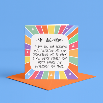 Personalised thank you card for teacher with their name on | thank you teacher card with teachers name, end of school thank you card, leaving school card for teacher, best teacher ever card, leaving card for teacher, end of school year thank you card, Thank you to the best teacher card with their name on | personalised thank you teacher card, personalised thank you card for teacher at end of school, from your favourite student card, for my favourite teacher card, thank you miss card for teacher