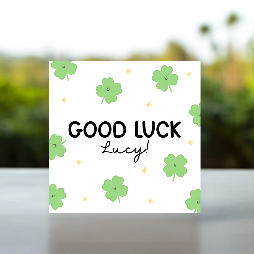 personalised luck card, card with lucky clovers, good luck name card, kawaii good luck gift, good luck card for student, good luck card for friend, sweet good luck card, clover card with name, hand illustrated good luck card, cartoon clover card, pastel kawaii card, card for someone special, personalised encouragement card, lucky card personalised, good luck card cute style, kawaii stationery card, personalised good luck card with name on, good luck card personalised, good luck card with name on