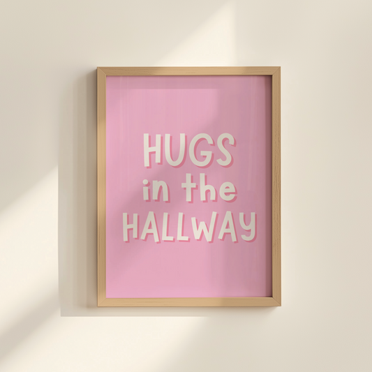 hugs in the hallway print, pink hugs in the hallway print, pink hugs in the hallway poster, pink hallway hugs poster, Hi Print, Pink ,Red, Hello Wall Art, Hi Poster Wall Art, Entryway Prints, Home Decor, Typography, Welcome, Living Room Art, Office Wall Art