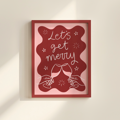 'Let's Get Merry' Red & Pink Christmas Print