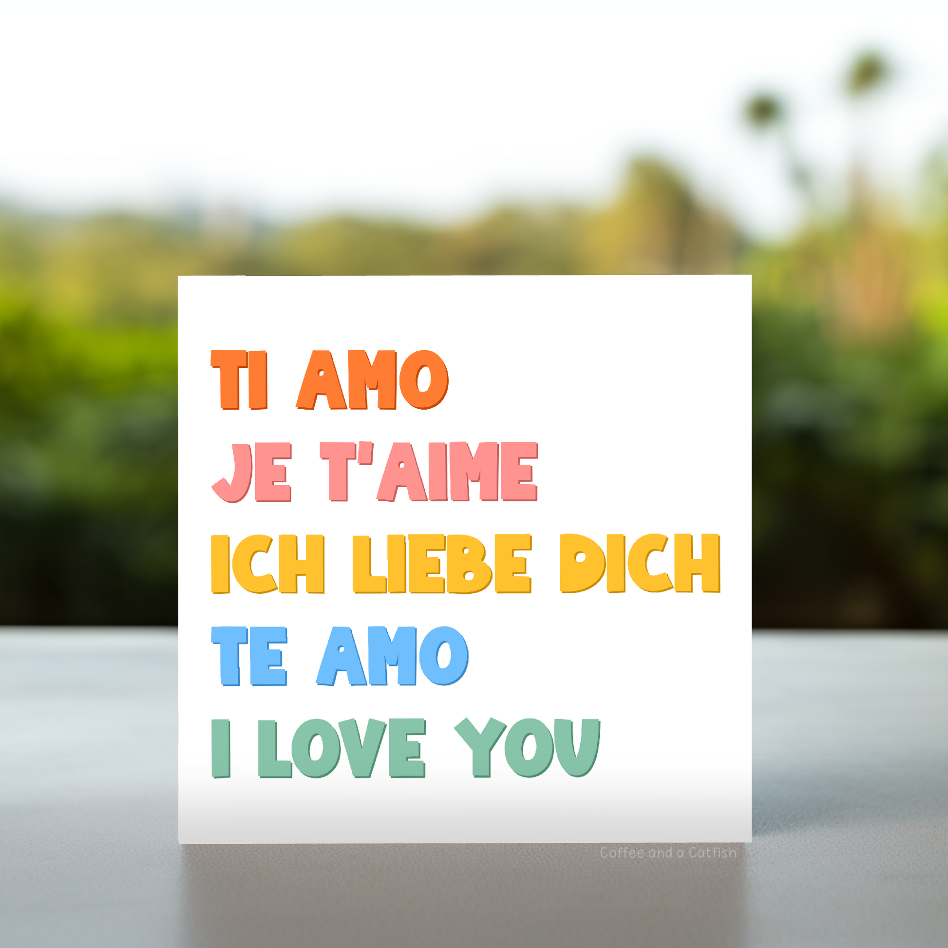 Love card in 5 languages, Multilanguage romantic card, Love you in different languages card, Multilingual romantic card, simple love cards, simple I love you cards, cute I love you cards, rainbow I love you cards, colourful I love you cards