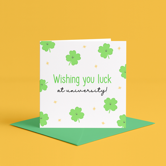 good luck at university card, university good luck card, kawaii university card, cute good luck card university, four leaf clover university card, university encouragement card, good luck college card, personalised university card, custom university good luck card, student good luck card, university freshman card, university success card, good luck exams card, good luck study card, cute clover university card, lucky charm university card, encouragement card for university students, good luck uni
