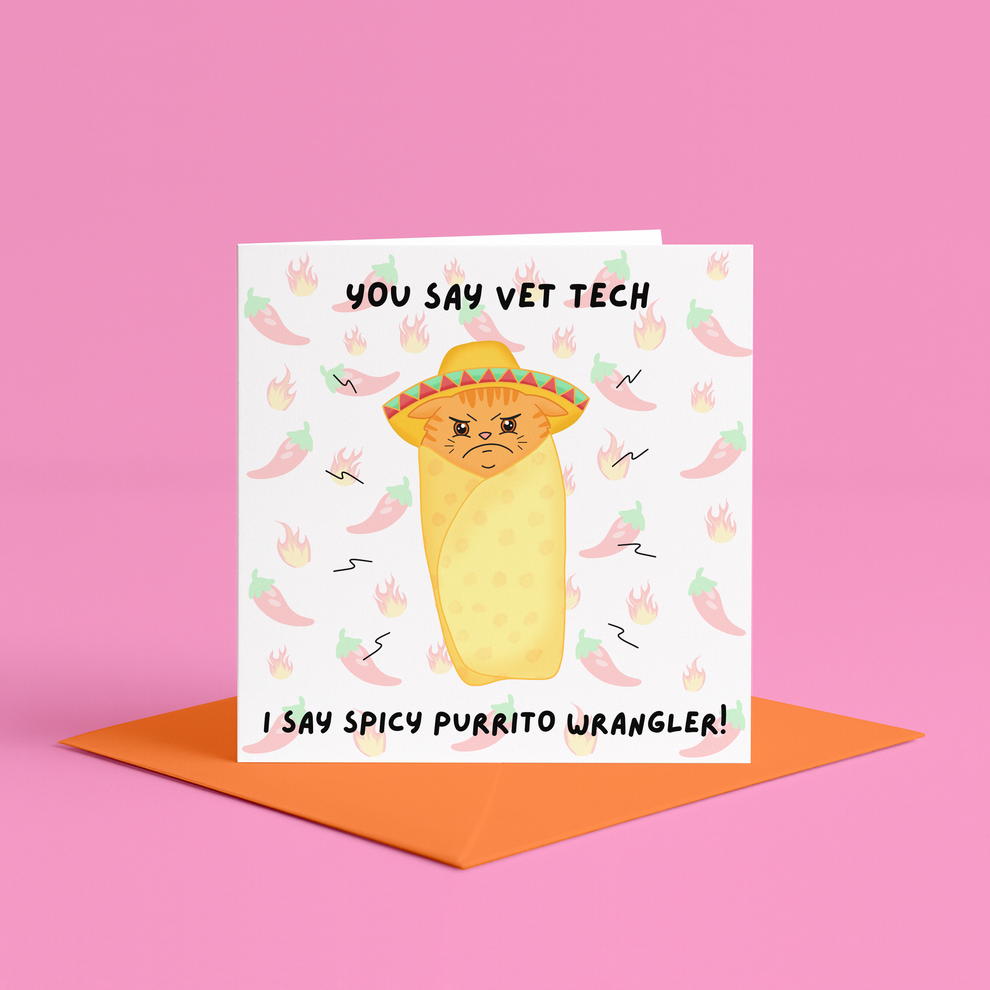 Funny vet tech spicy cat greeting card | Spicy purrito card, vetmed humour, vetmed birthday cards, vetmed well done, vet tech congratulations card, vet tech proud of you card, funny gift for vet tech birthday, funny vetmed gift ideas, vet tech week