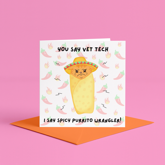 Funny vet tech spicy cat greeting card | Spicy purrito card, vetmed humour, vetmed birthday cards, vetmed well done, vet tech congratulations card, vet tech proud of you card, funny gift for vet tech birthday, funny vetmed gift ideas, vet tech week